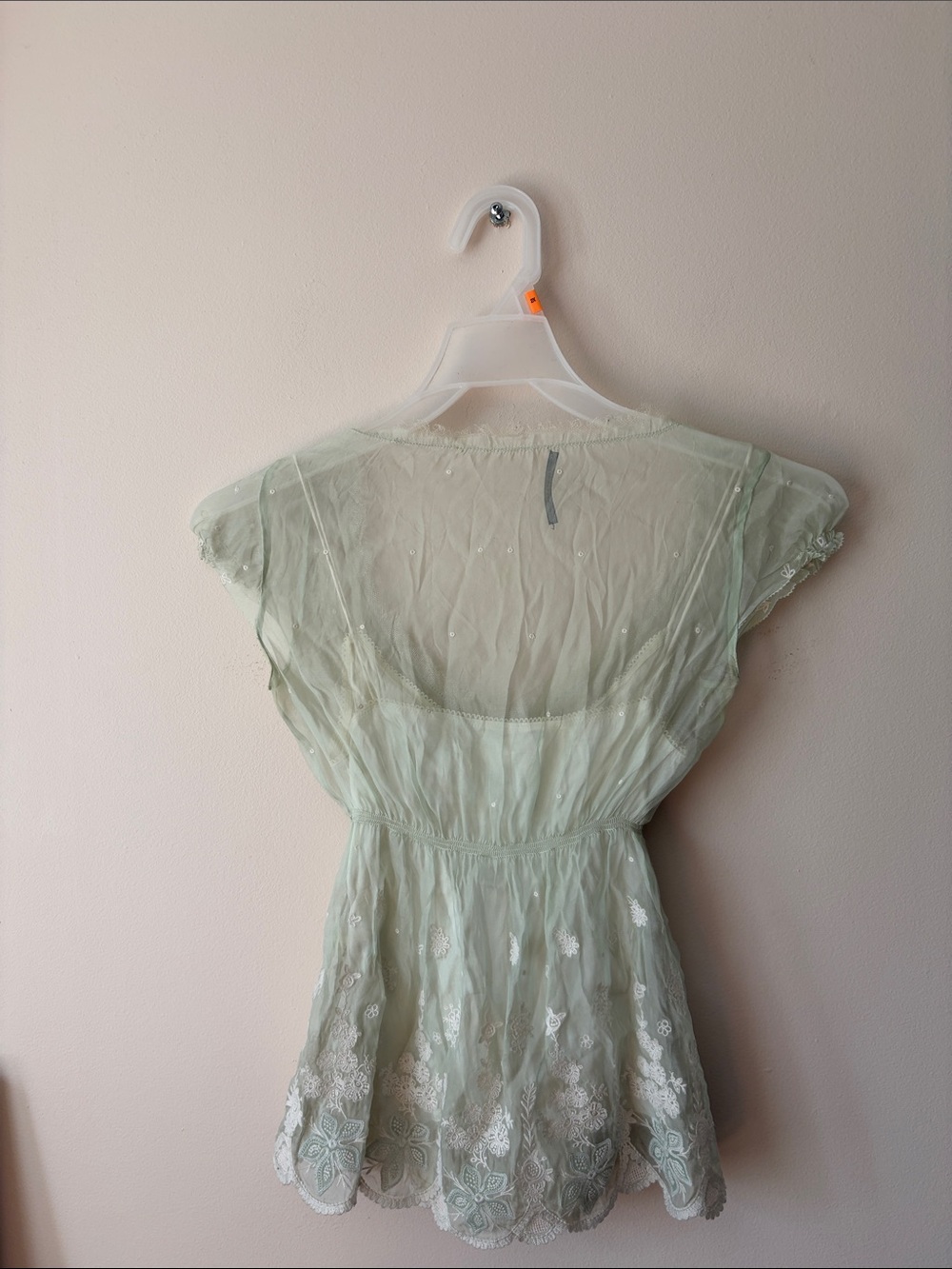 Sheer Lace-Trim V-Neck Blouse in Pale Mint - Picture 7 of 8